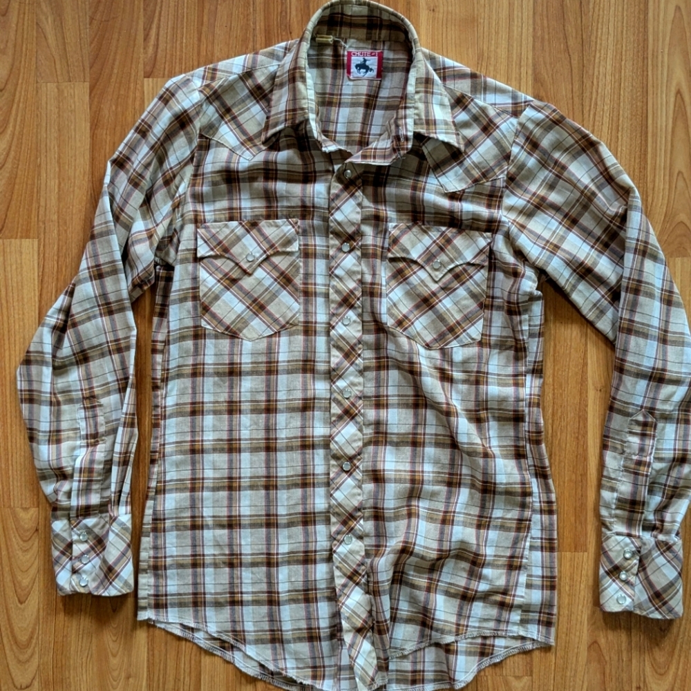 Vintage Chute #1 Western Wear Pearl Snap Brown plaid long sleeve shirt. Size M.